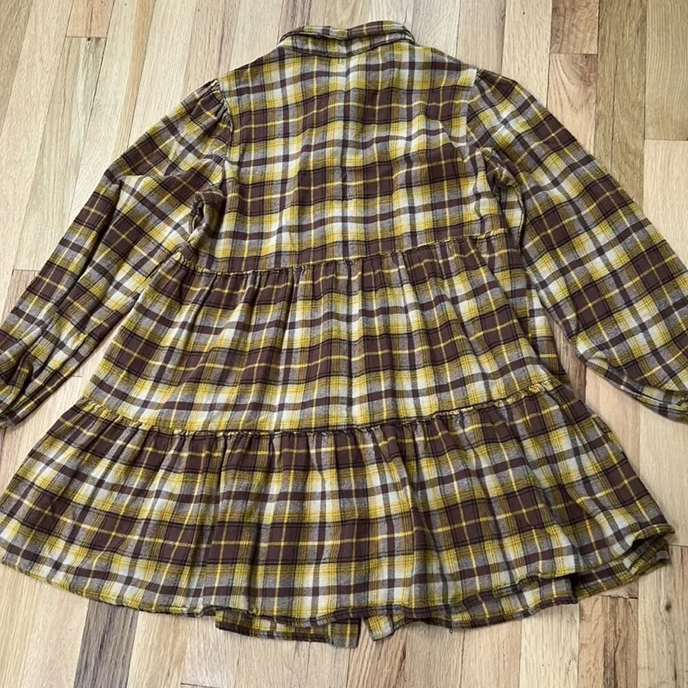 Girl Love Fire Yellow Brown Plaid Fleece Cotton Shirtdress (Youth L)